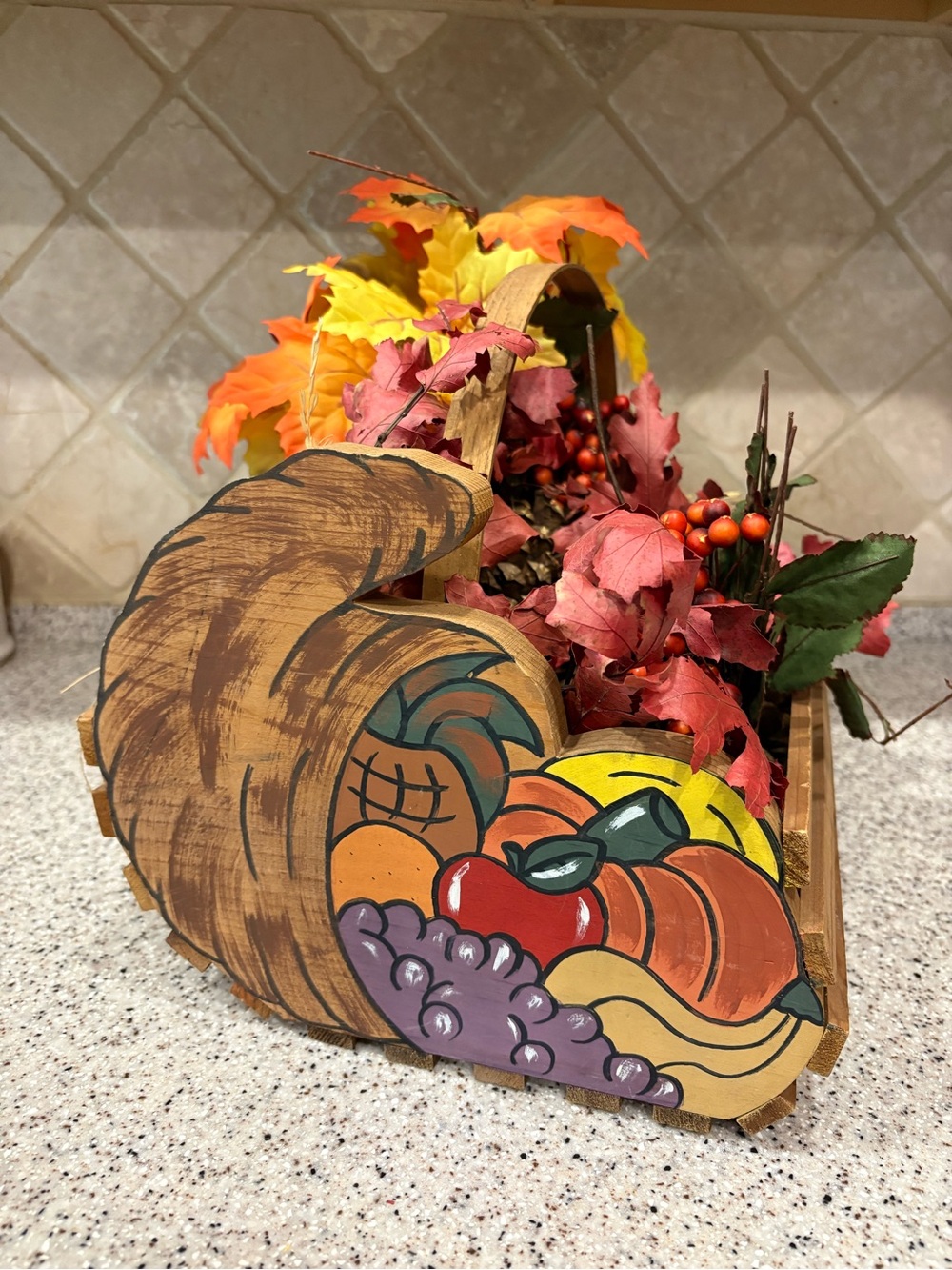 Autumn Cornucopia Wooden Table Décor - Brown/Orange
